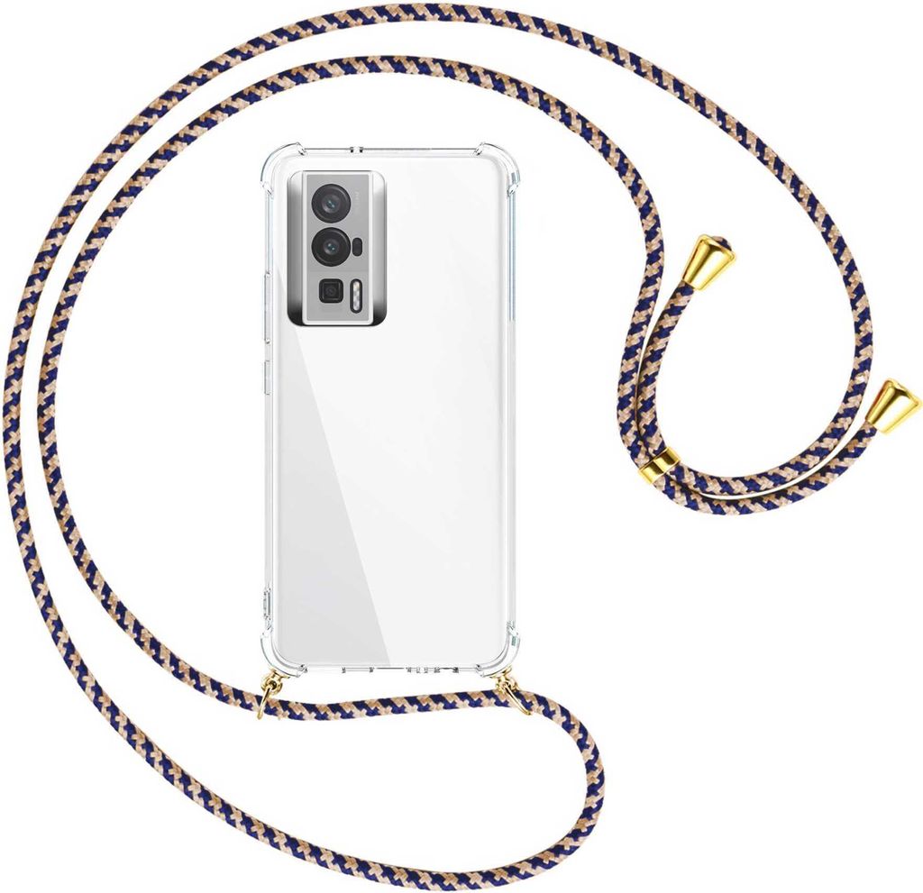 Handykette Backcover-Schutzhülle mit Band (Metall goldfarben) für Xiaomi Poco F5 Pro (6.67'') - blau+beige
