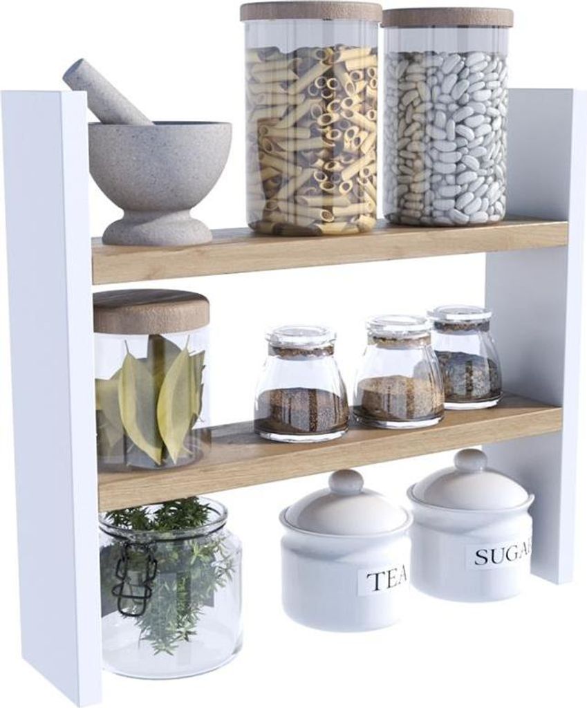 MATKAM Küchenregal, H40 x B44 x T10 cm, zweistöckige Organisation für optimalen Küchenkomfort, einfache Montage (Artisan Eiche-Weiß)