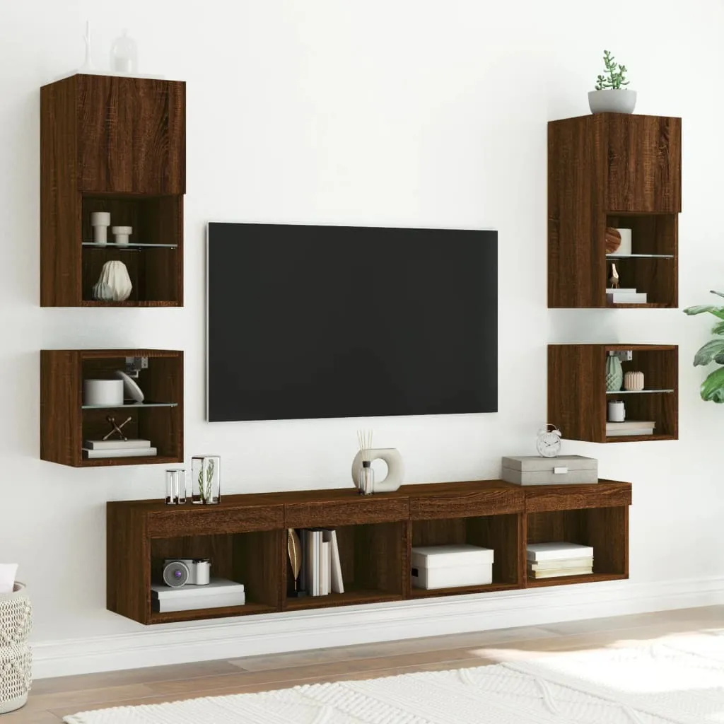Table de chevet suspendue avec éclairage LED - Lot de 2 brun chêne massif