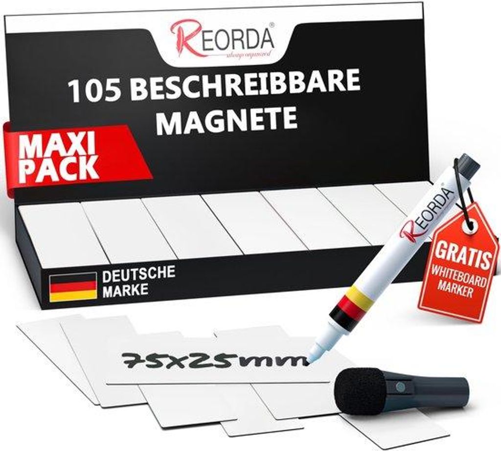 Reorderbare magnetstrips - 105 Stück - 75x25mm (+ Stift) | Schreibbare, beschreibbare Magneten für Whiteboards, Kanbanbretter und Magnettbretter ...