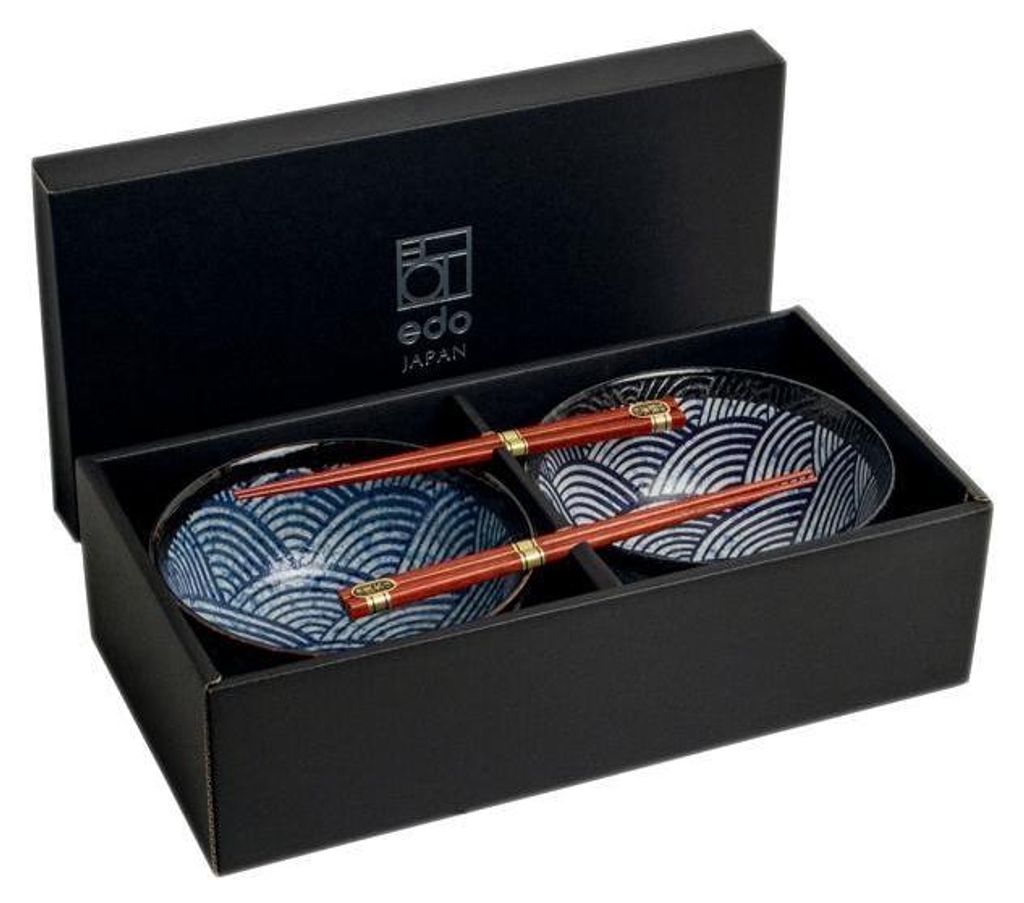Edo Japan | Udon Schalen Set - Blau - 4 Teile - Seigaiha-muster - Mikrowellengeeignet