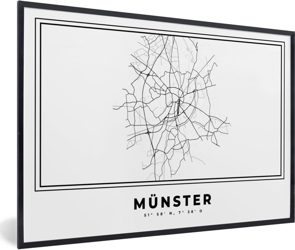 MuchoWow Gerahmtes Poster Deutschland - Münster - Stadtplan - Karte - Schwarz-weiß - Karte 30x20 cm - Poster mit Schwarzem Bilderrahmen Wandpos...