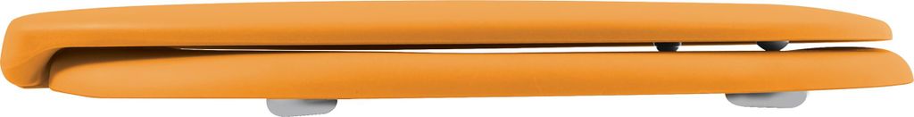 A side view of an orange toilet seat.