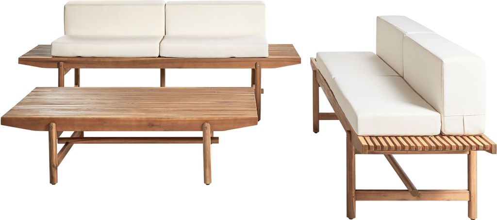 BELIANI Lounge Set Hellbraun aus Akazienholz 4-Sitzer mit Auflagen Cremeweiß Modernes Design Rustikaler Stil Gartenlounge Loungemöbel Terrasse Ou...