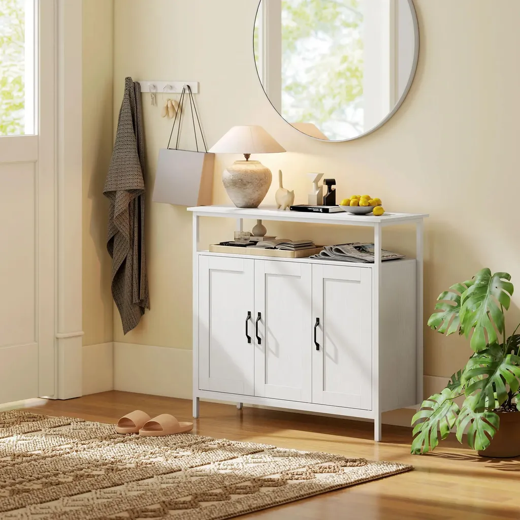 Buffet Blanc 100cm à 3 Portes et Compartiment Ouvert Style Moderne - 10