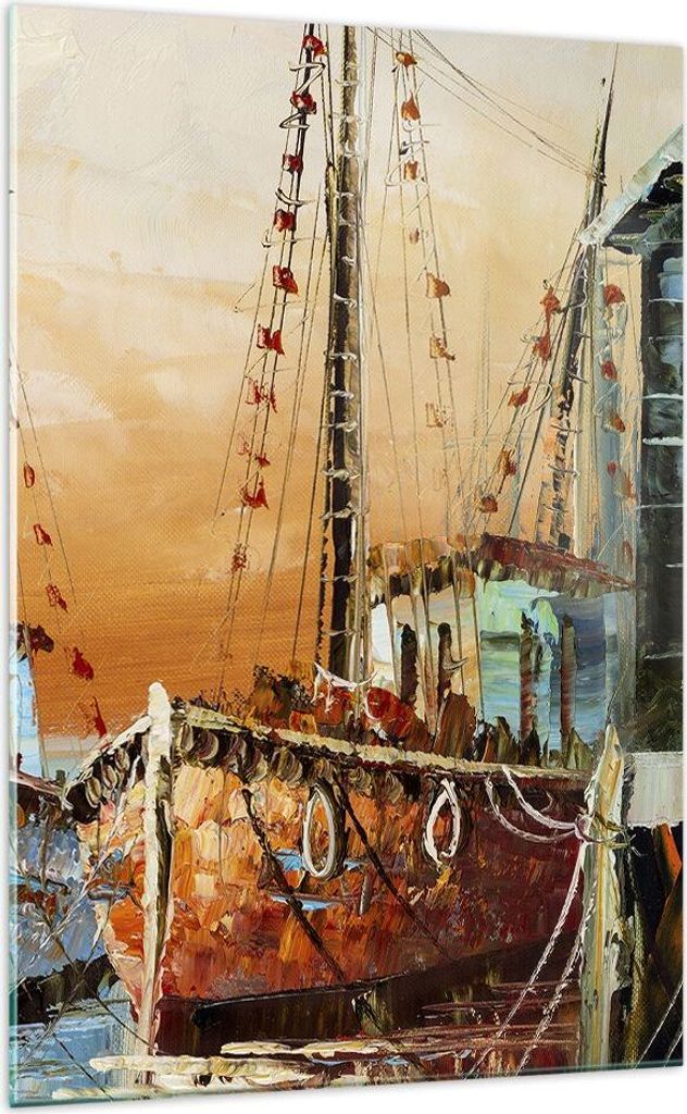 Bilder auf glas - Einteilig - Kutter Hafen Öl - 70x100cm - Glasbilder - Wandbilder - Bilder - zum Aufhängen bereit - Wanddekoration aus Glas - Gl...