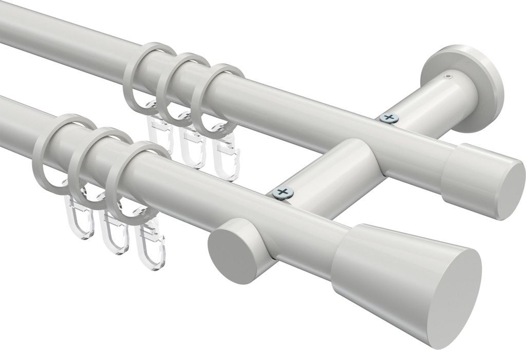 Interdeco Gardinenstange / Vorhangstange Weiß, Typ Platon Sitra (Konus), 20 mm Ø 2-läufig, 220 cm