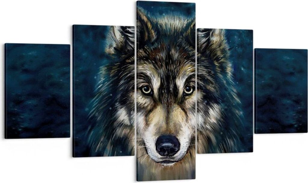 Bild auf Leinwand - Leinwandbild - 5 Teile - Wolf Dunkel Grafik - 125x70cm - Wand Bild - Wanddeko - Wandbilder - Leinwanddruck - Bilder - Wanddekor...