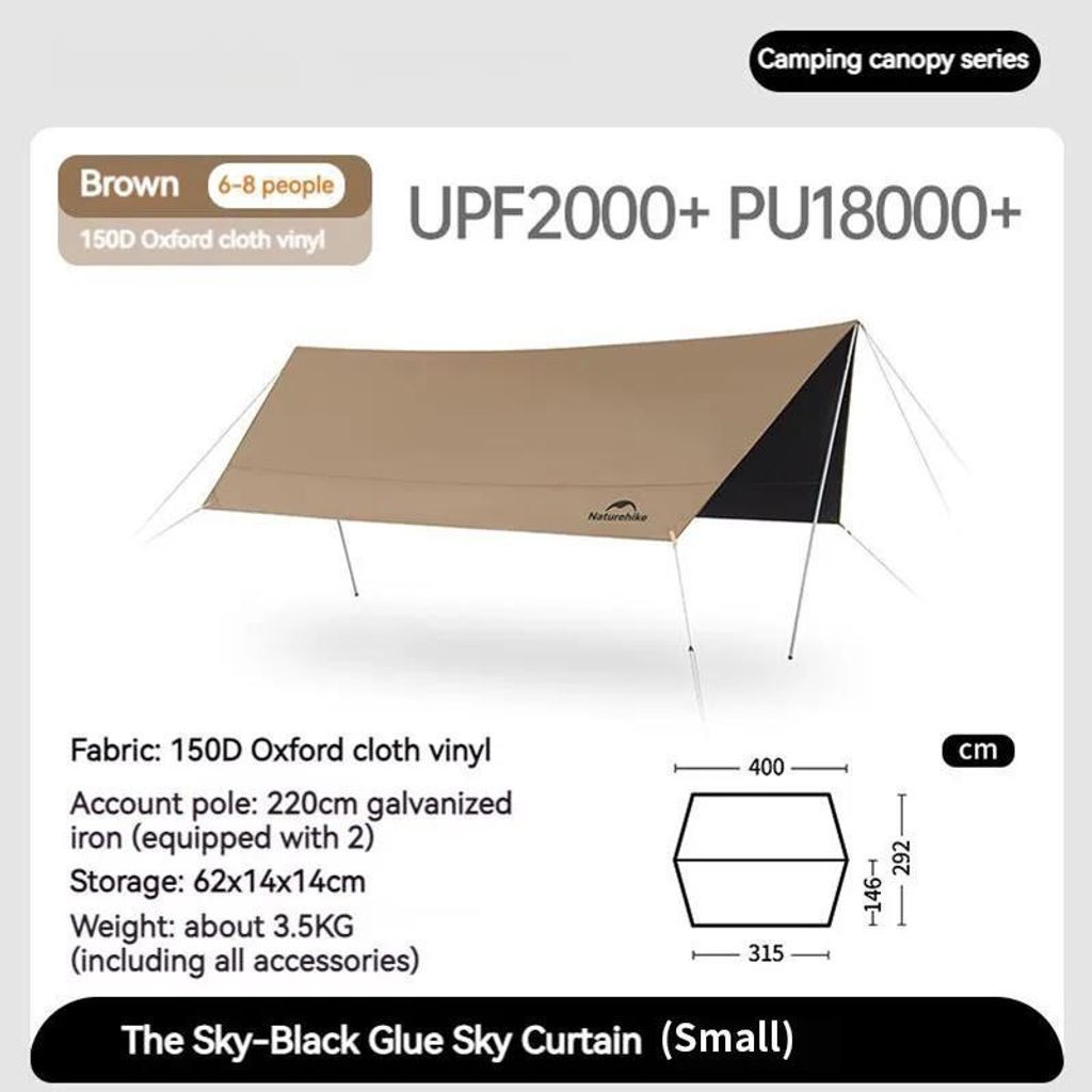 Canopy Of The Sky Lite - Sonnensegel Camping Tarp - UV-Schutz Wasserdicht >3000 mm - 400×292 cm - 150D Oxford - Schwarz beschichtet - Small