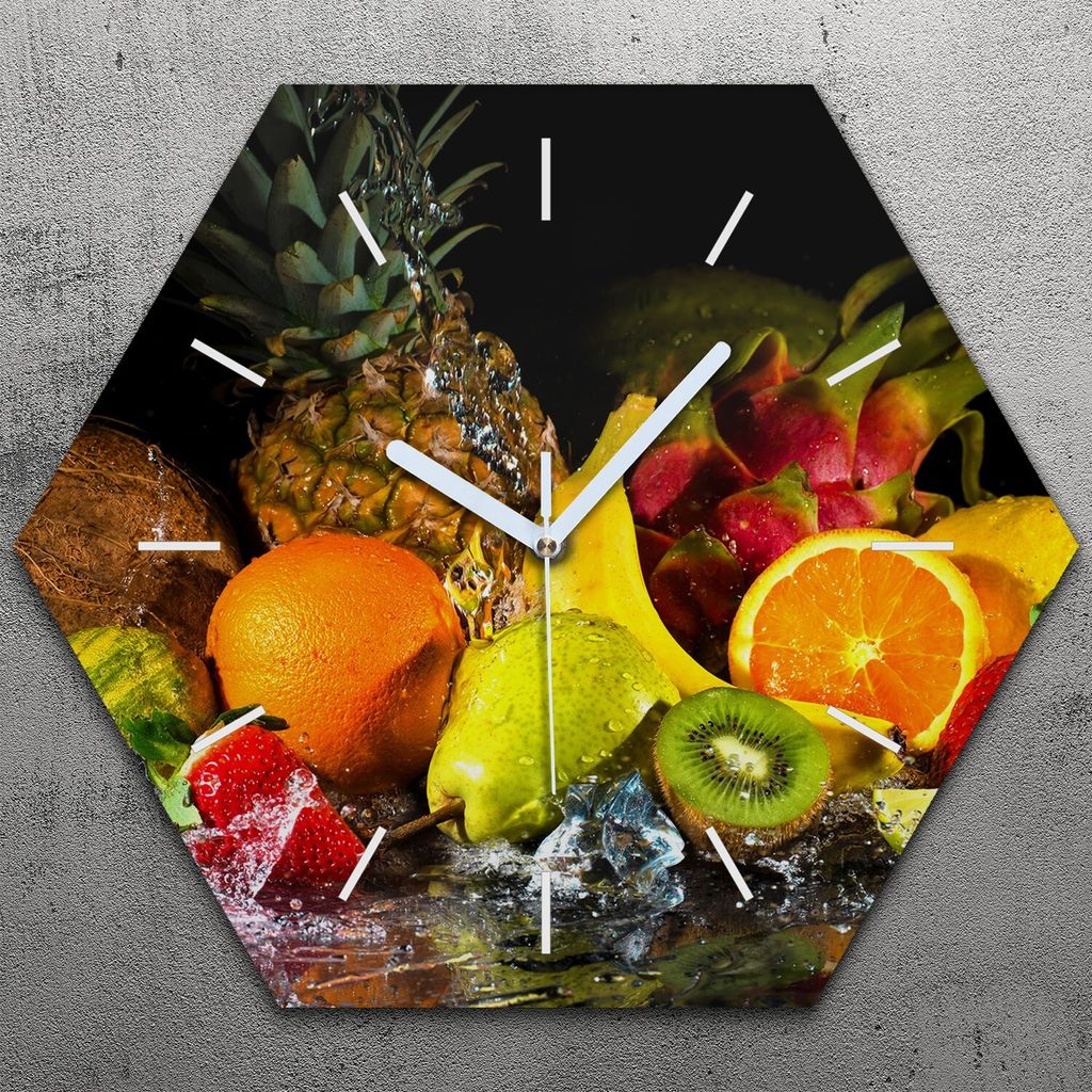 Uhr hexagonal 40 cm Glas Geräuschlos weiße Zeiger - Farbige Früchte