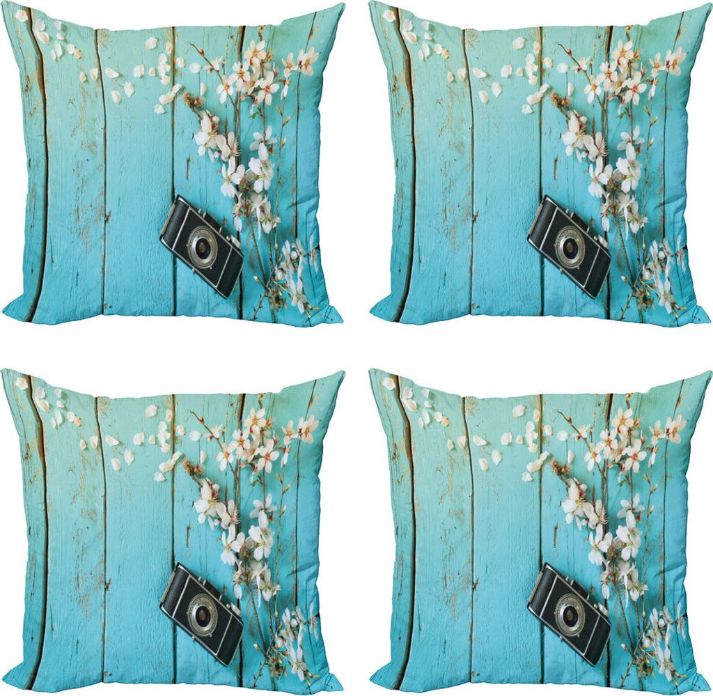 ABAKUHAUS rustikales Holz Kissenbezug Set (4 Stück), Frühlings-Weiß Kirsche, Moderner Doppelseitiger Digitaldruck, 45 cm x 45 cm, Hellblau und M...