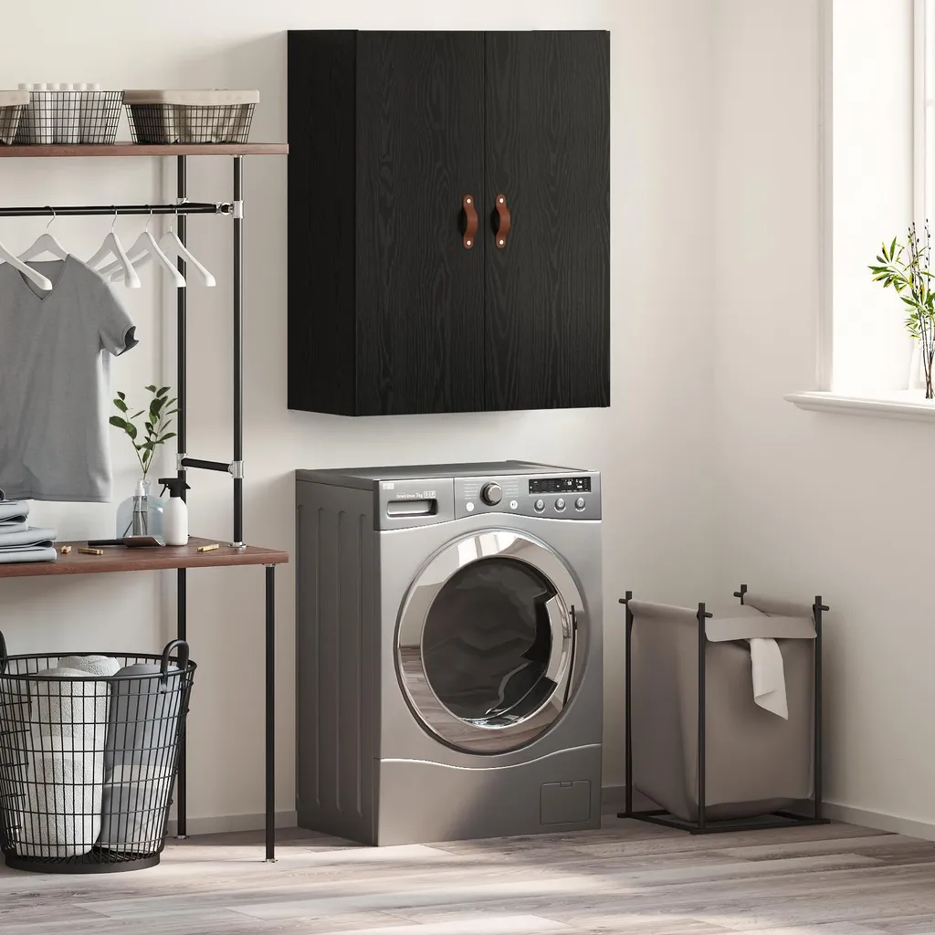 Armoire murale gain de place noire et bois - Rangement mural 90 cm haut