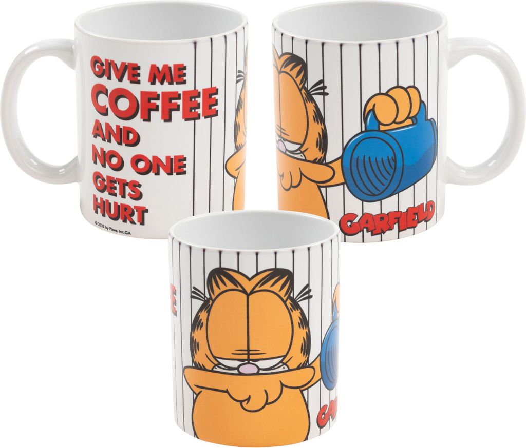 Garfield Tasse - Give me Coffee Kaffeetasse Becher Kaffeebecher aus Keramik Weiß 320 ml
