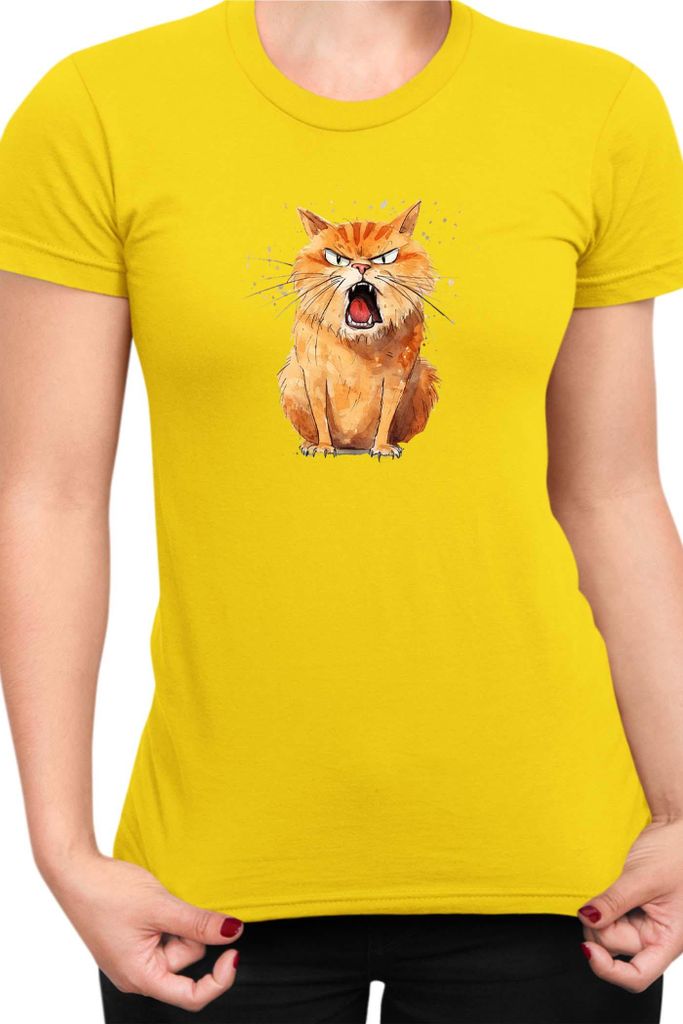 Damen T-Shirt Funny Cats Breeds Kurilian Bobtail Cat, Lady L / Gelb