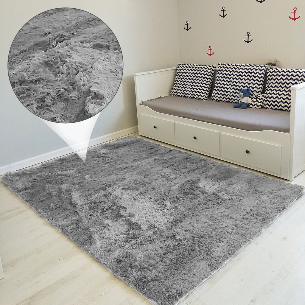 Einfarbig in Grau Hochflor-Teppich Shaggy Für Wohnzimmer Und Schlafzimmer 