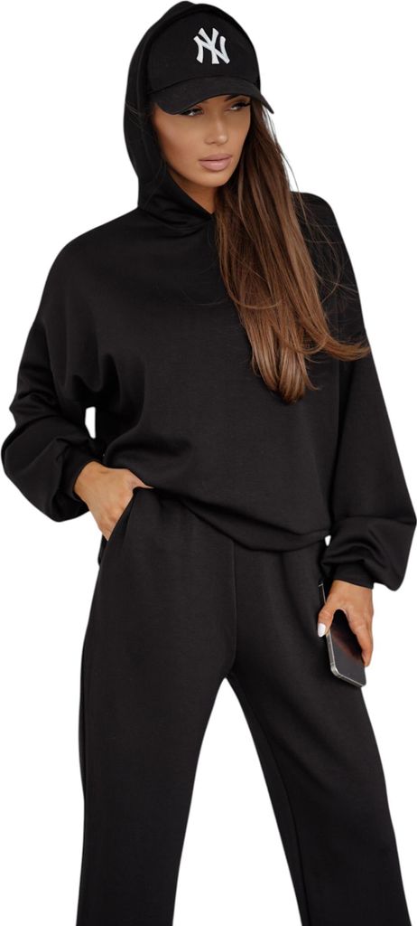 Jogginganzug Damen Trainingsset OVERSIZE – Hoodie & Jogginghose bequem Schwarz L/XL