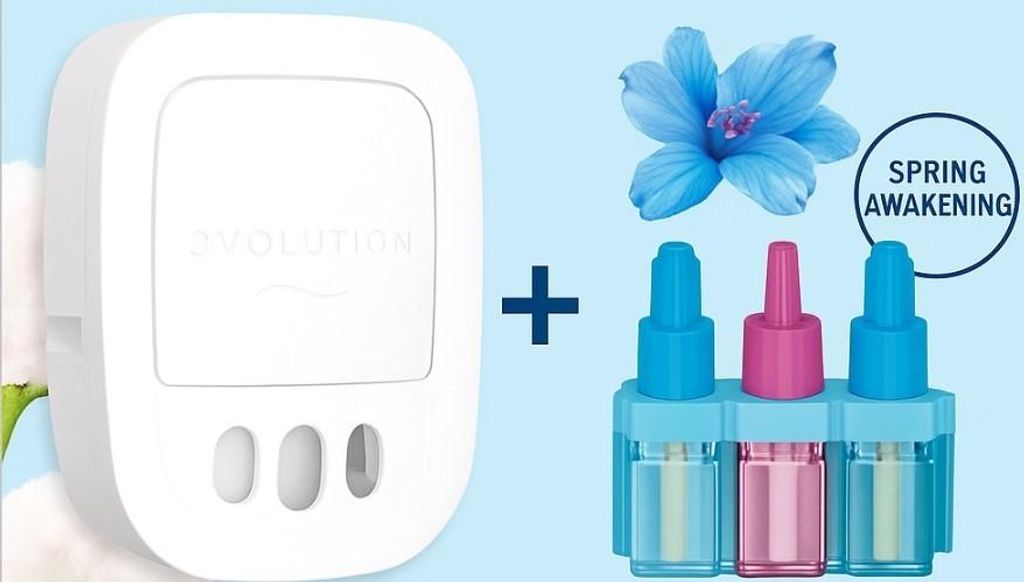 A white air freshener device is shown next to a set of three refill bottles and a blue flower.
