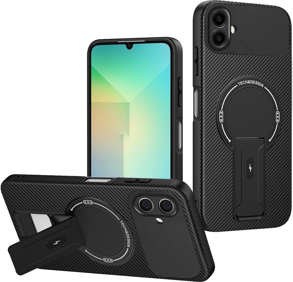 Hülle für Samsung Galaxy A06 5G/4G Magnetisch Carbonfaser Design TPU Hybrid Handyhülle mit Ständer Schwarz