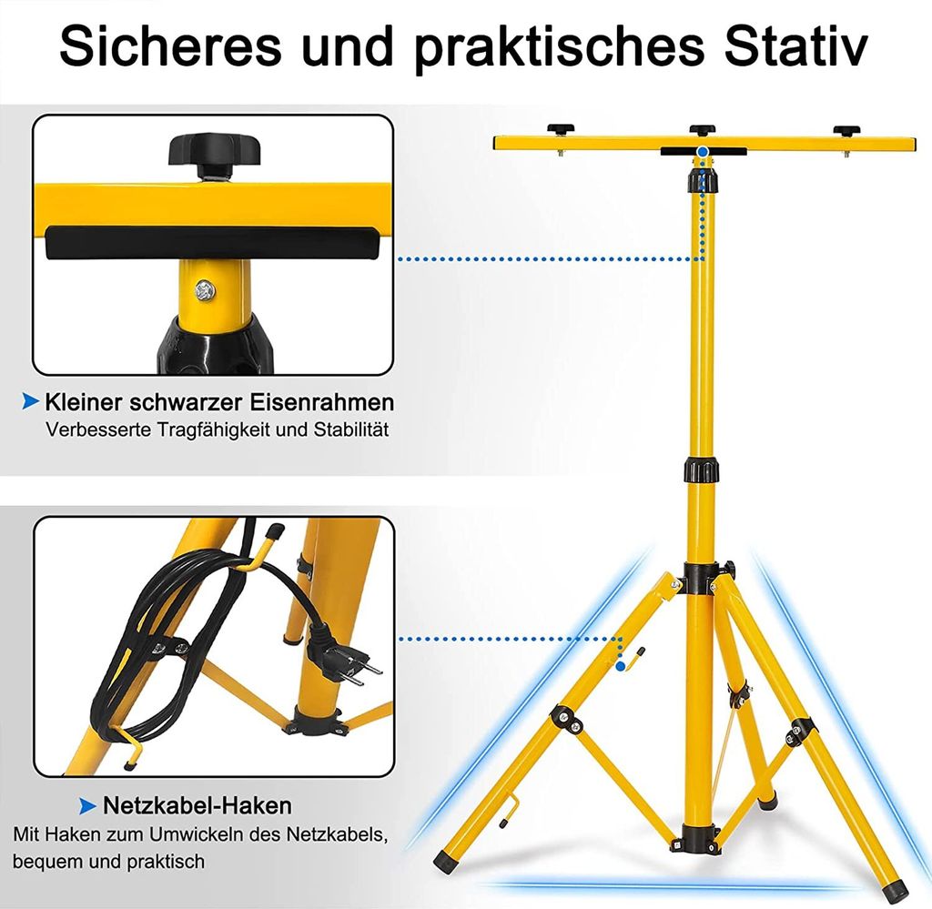 LED Baustrahler 2x200W Mit Stativ – 16000 Lumen, Warmweiß, IP66 Wasserdicht, Inkl. Kabel & Verstellbarem Dreibein