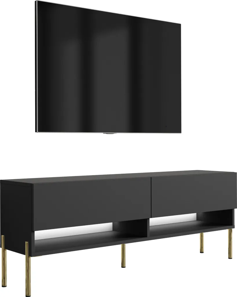 Meuble TV pour salon moderne 140 cm avec LED et pieds en métal or