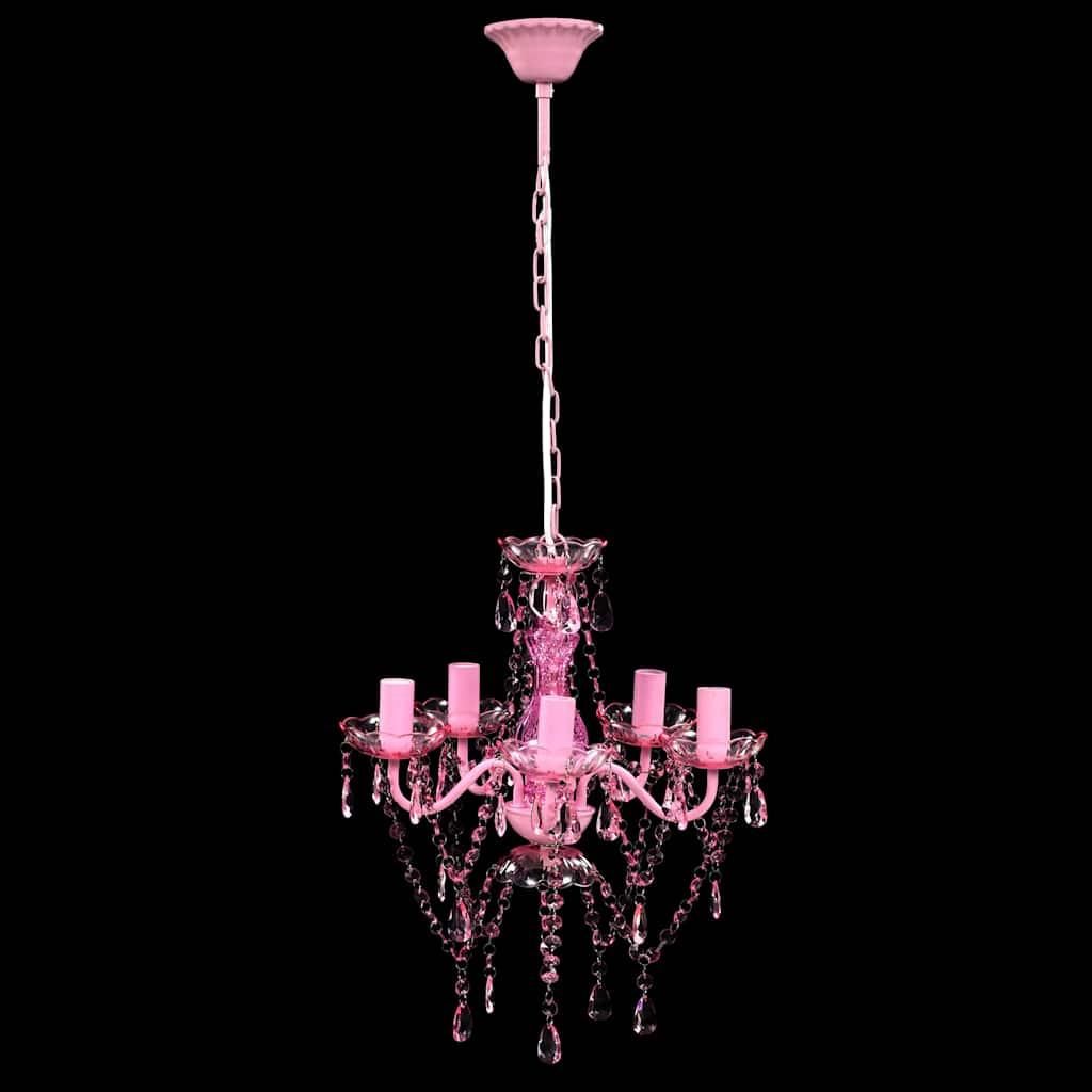 A pink chandelier with crystal accents is displayed against a black background.