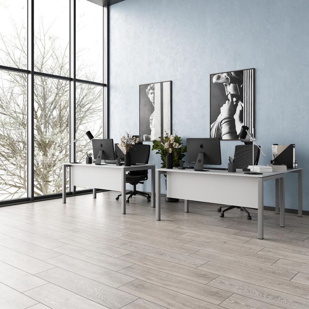 Schreibtisch Tetra, 160 cm, inkl. Anbau rechts o. links montierbar, grau Nachbildung/silber RAL 9006 inkl. Kabelkanal