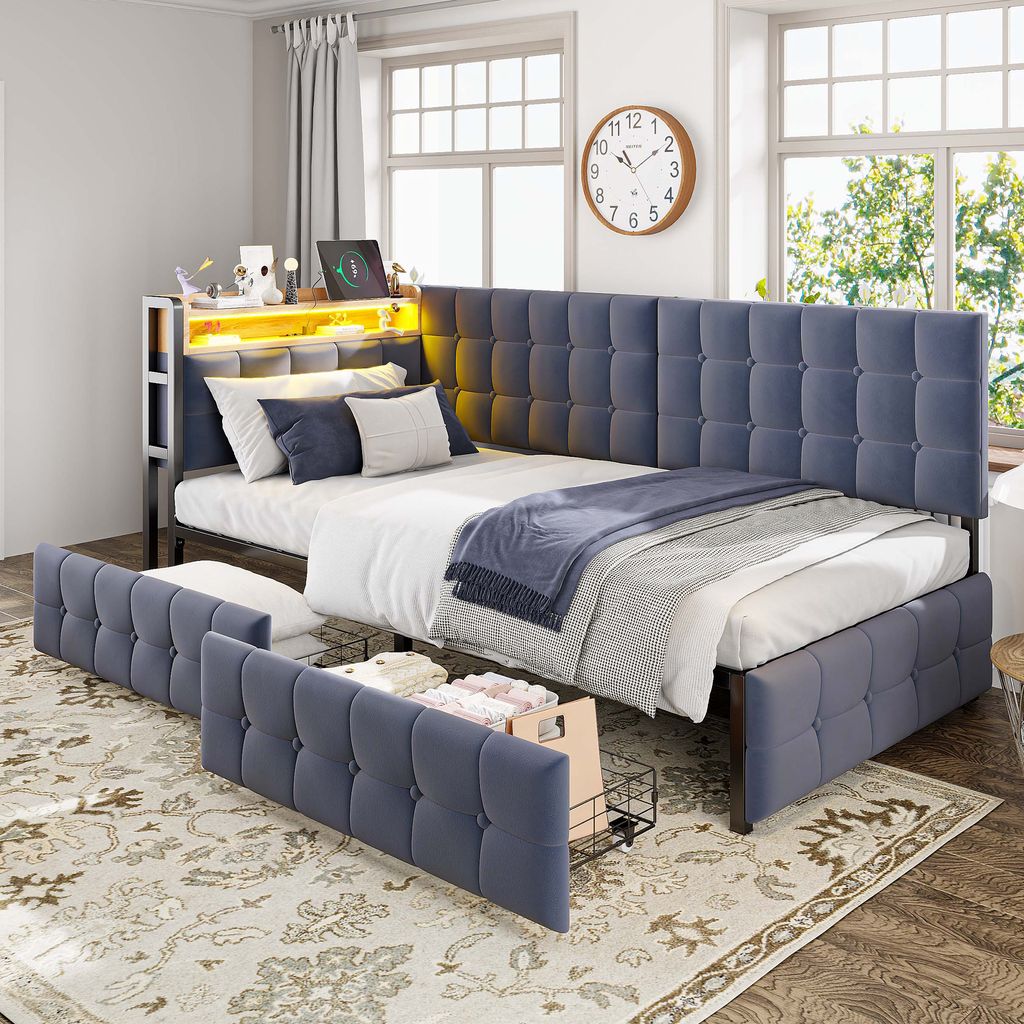 Merax Tagesbett Kinderbett 90x200 cm, Polster-Schlafsofa mit LED, 2 Schubladen & USB-/Typ-C-Anschluss, Einzelbett aus Samt für Jugendzimmer, Grau