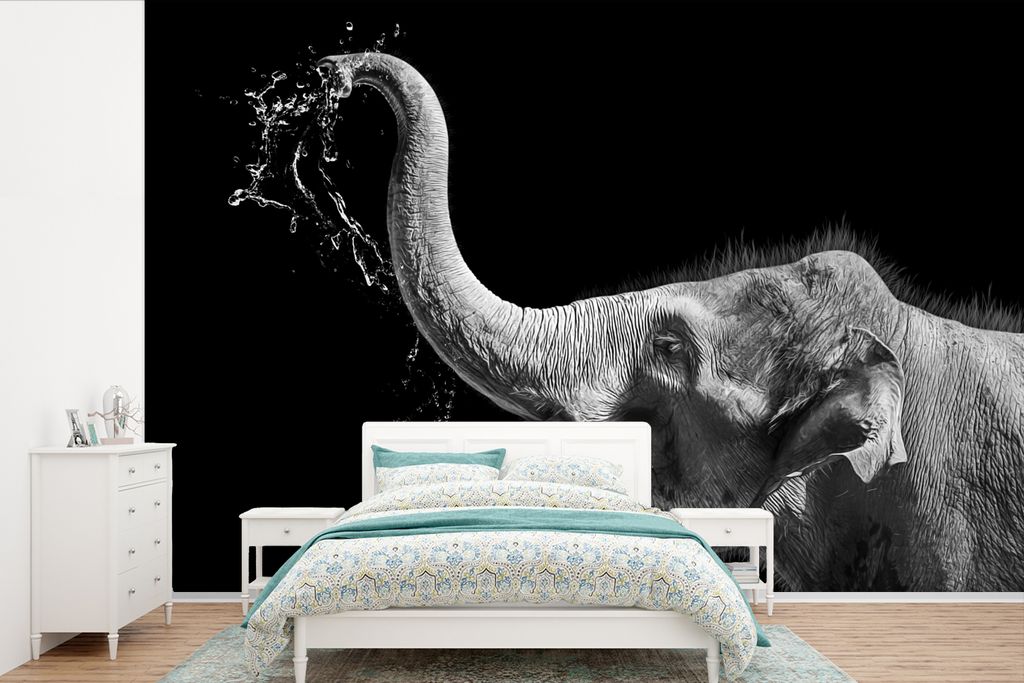 MuchoWow Fototapete für Wohnzimmer oder Schlafzimmer Wandtapete Vinyl Motivtapete Porträt - Elefant - Tiere - Schwarz und weiß - 525x350 cm - ...