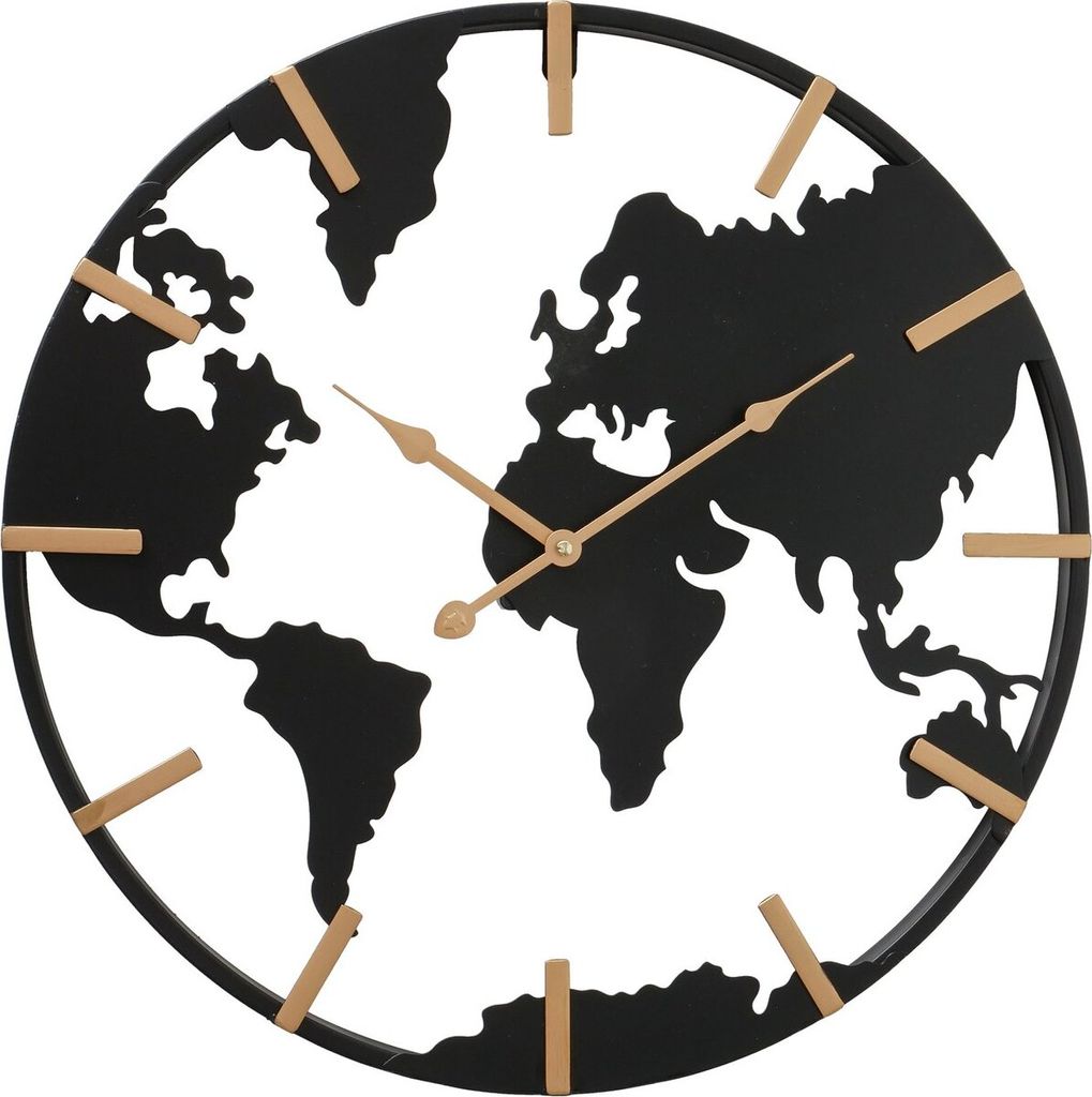A black and gold world map clock.