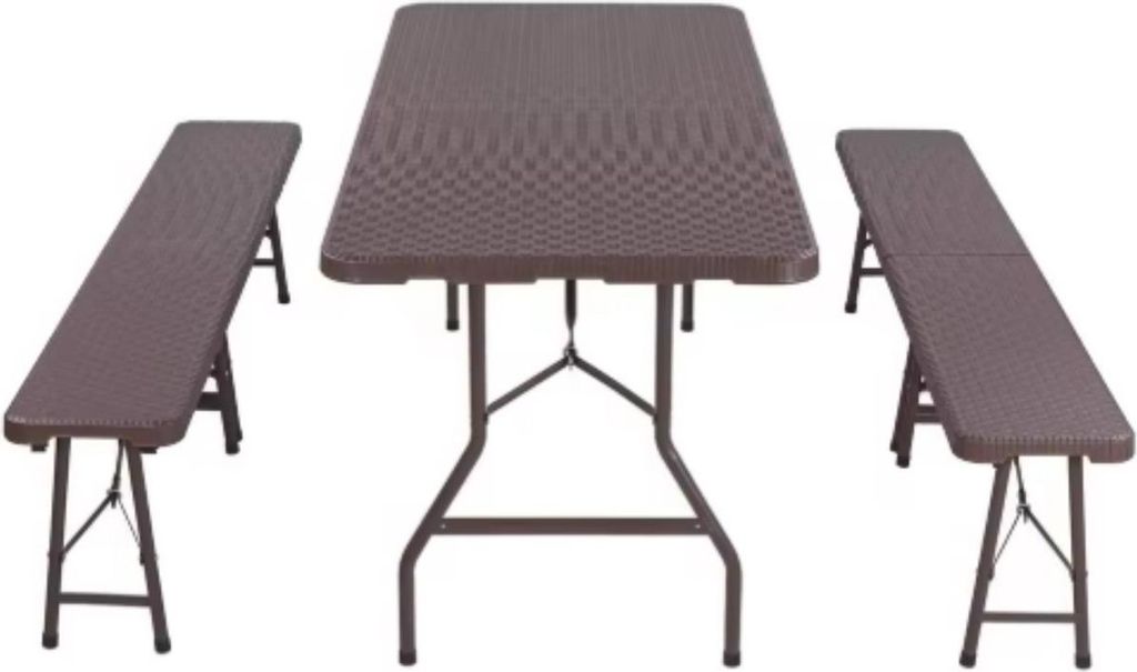 Klapptisch & 2 Bankset – Gartenmöbel für Camping, Picknick & Outdoor – 180cm – HDPE Kunststoff & Stahl – Wetterbeständig – Braun