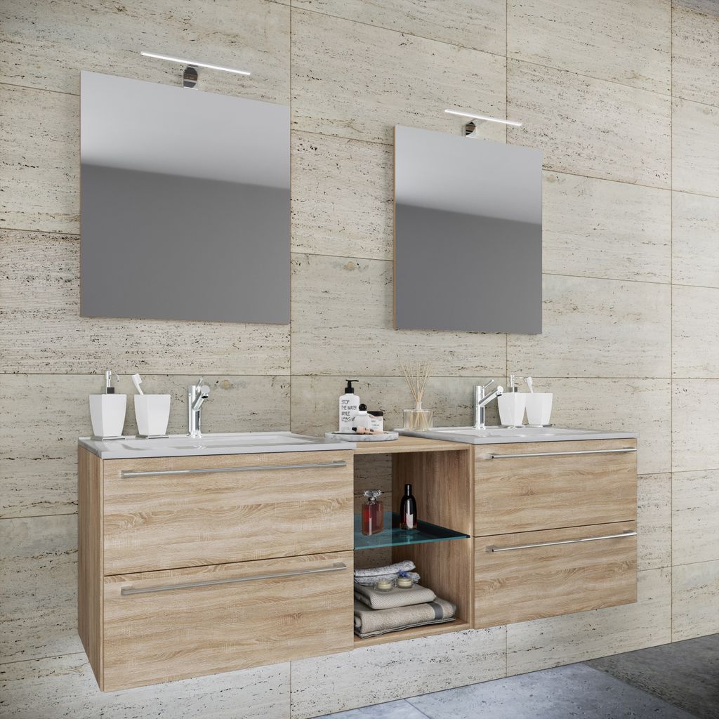 VCM 3-tlg. Set | 2 Waschtisch, 2 Spiegel, 2 Waschbecken, 1 Mittelfach | Keramik Waschbecken | Unterschrank 155 cm | Badmöbel Set Doppel Waschplatz...