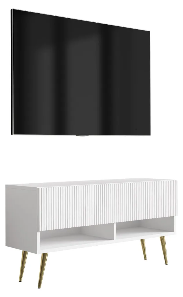 Meuble TV blanc mat à façade rainurée et pieds dorés - Stockholm 100cm