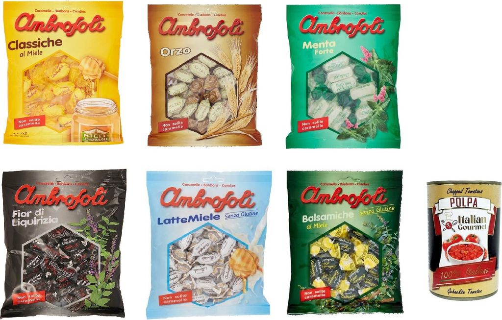 Testpaket Ambrosoli Caramelle al Miele, menta, liquirizia, orzo, balsamiche Klassische Honigbonbons sweets 6 Stücke + Italian Gourmet polpa 400g