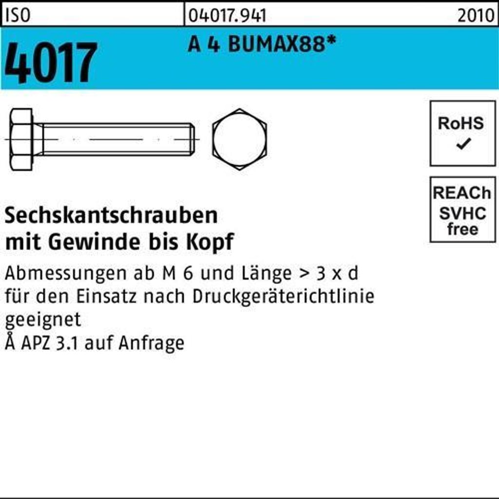 Sechskantschraube ISO 4017 VG M8x 70 A 4 BUMAX88 50 Stück BUFAB