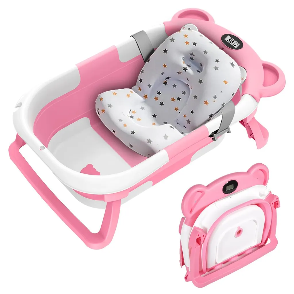 Baignoire Bébé de Voyage Pliable Rose - Sécurité Température Intégrée