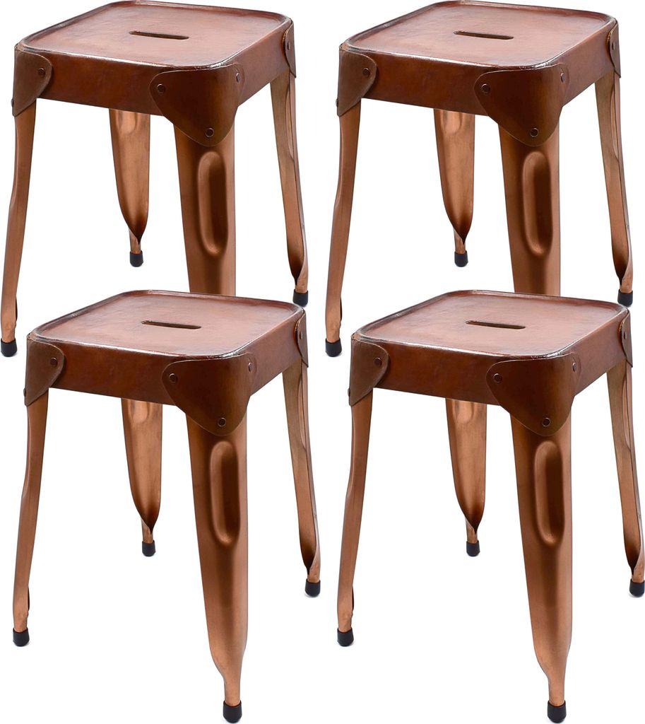 4er Set Metall Hocker mit Ledersitzfläche, niedriger Barhocker, Sitzhöhe 46cm Tresenhocker, Eisen Bistrohocker im Industrie Design, Kupfer