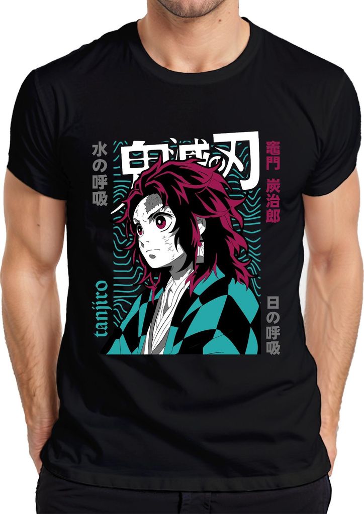 Tanjiro Demon Slayer Schwert Dämonenjäger Wasseratmung Japan Y2K Streetwear Herren T-Shirt, Schwarz, XL