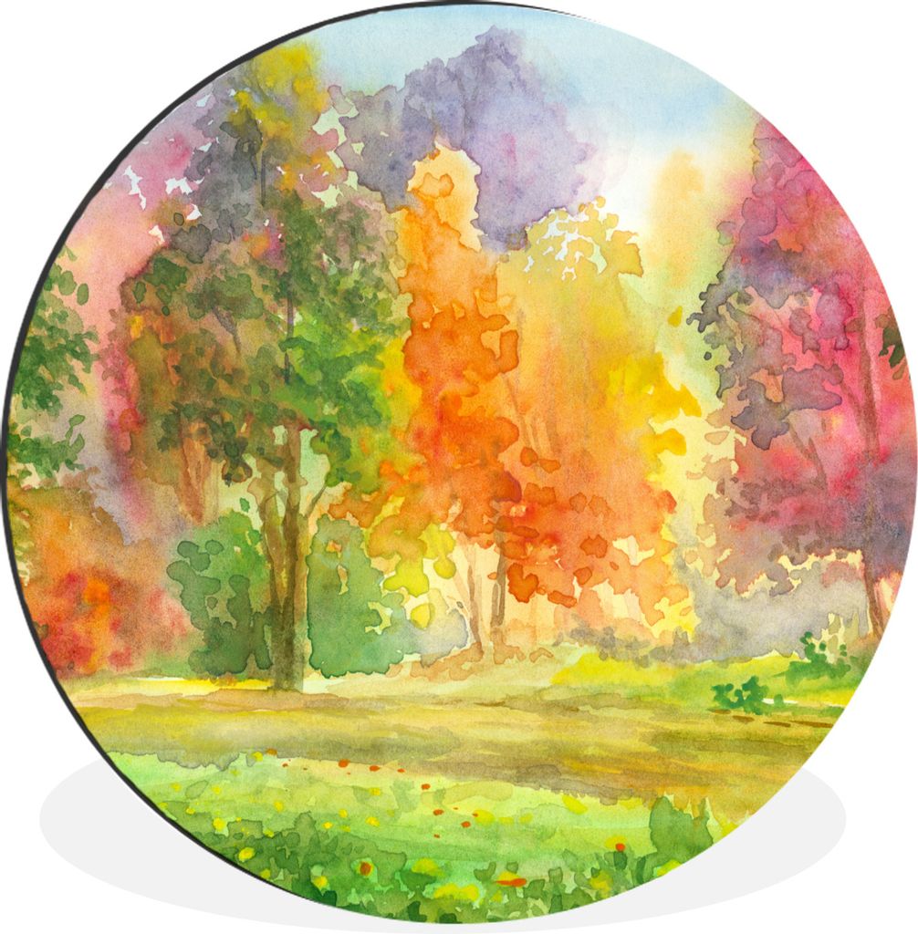 MuchoWow Aluminium Wandkreis Eine bunte Illustration von Bäumen Ø 60 cm Wanddeko Modern Wohnzimmer - Wand Kreis - Wandbild - Schlafzimmer - Alu...