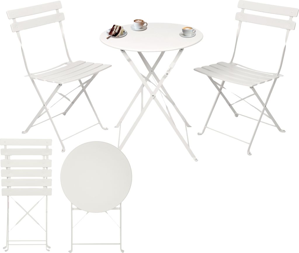 A white metal bistro set with a round table and two chairs, shown from multiple angles.