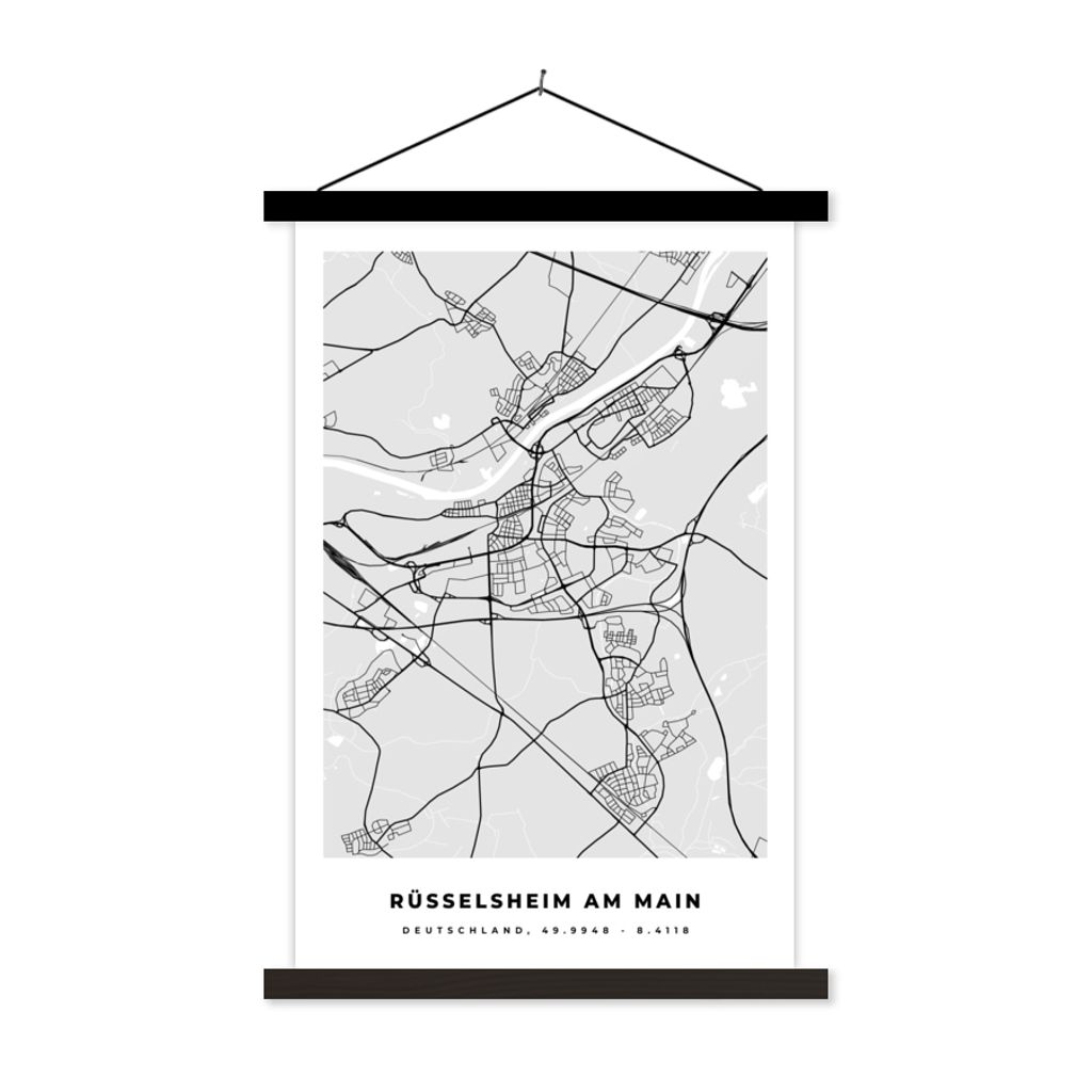 MuchoWow Textilposter Deutschland - Rüsselsheim Am Main - Karte - Stadtplan - Wegbeschreibung 40x60 cm mit schwarzem Rahmen - Wanddekorationen