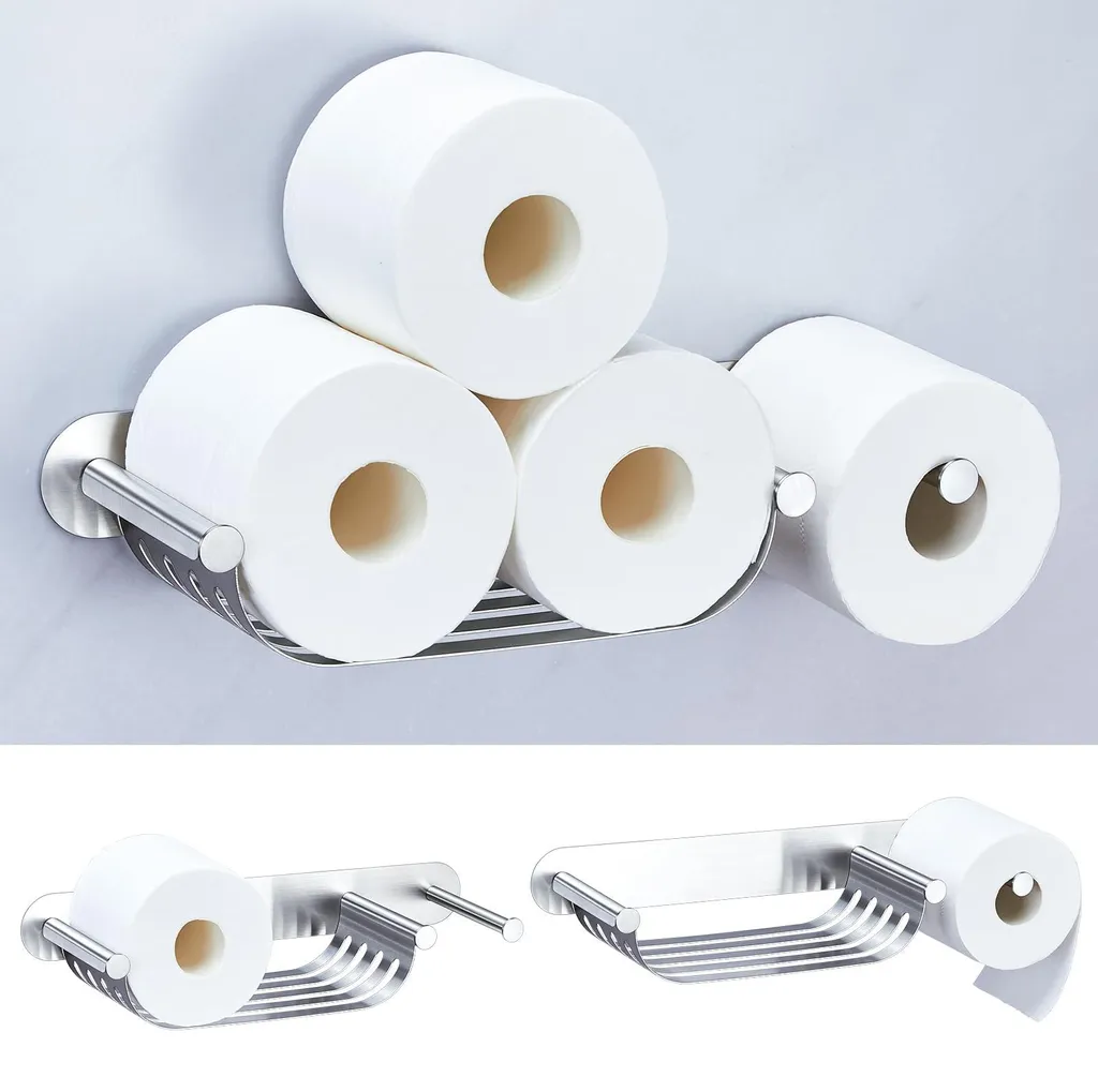 Porte-rouleau WC en métal argenté inoxydable avec fixation sans perçage