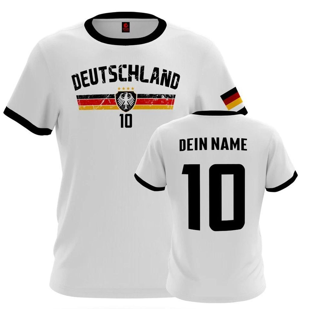 Deutschland Trikot T-Shirt personalisiert mit Name & Nummer – Fußball Shirt im Trikot Style Herren Damen EM WM Größe: L - Weiß