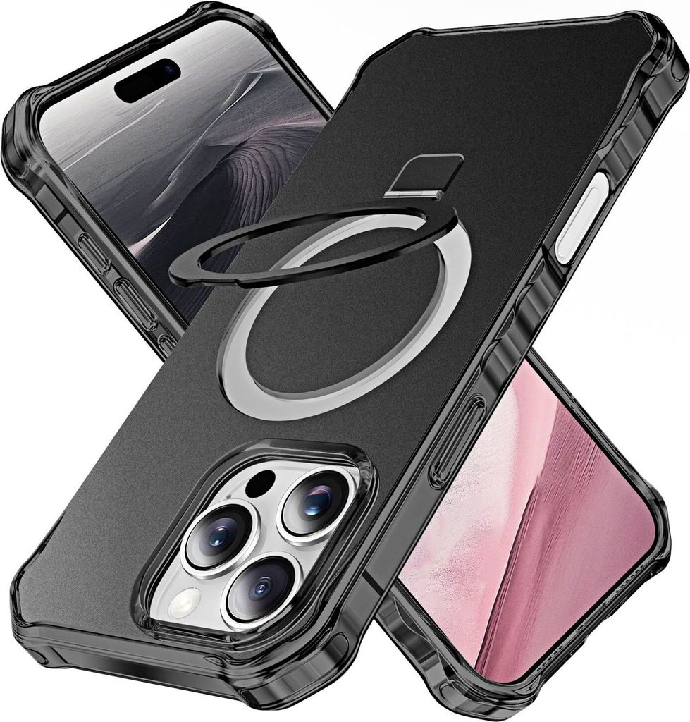 Für Apple iPhone 16 Pro Max Solid Color Wave Design MagSafe Ring Halterung Hülle Schwarz