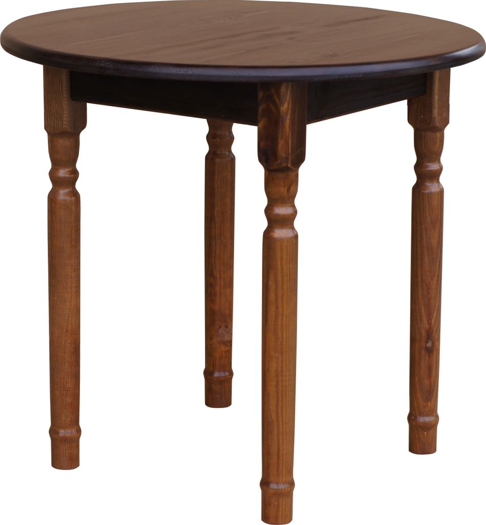 A round wooden table with four legs is shown against a white background.