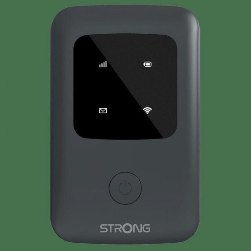 A gray mobile hotspot device with a screen displaying icons and a power button.