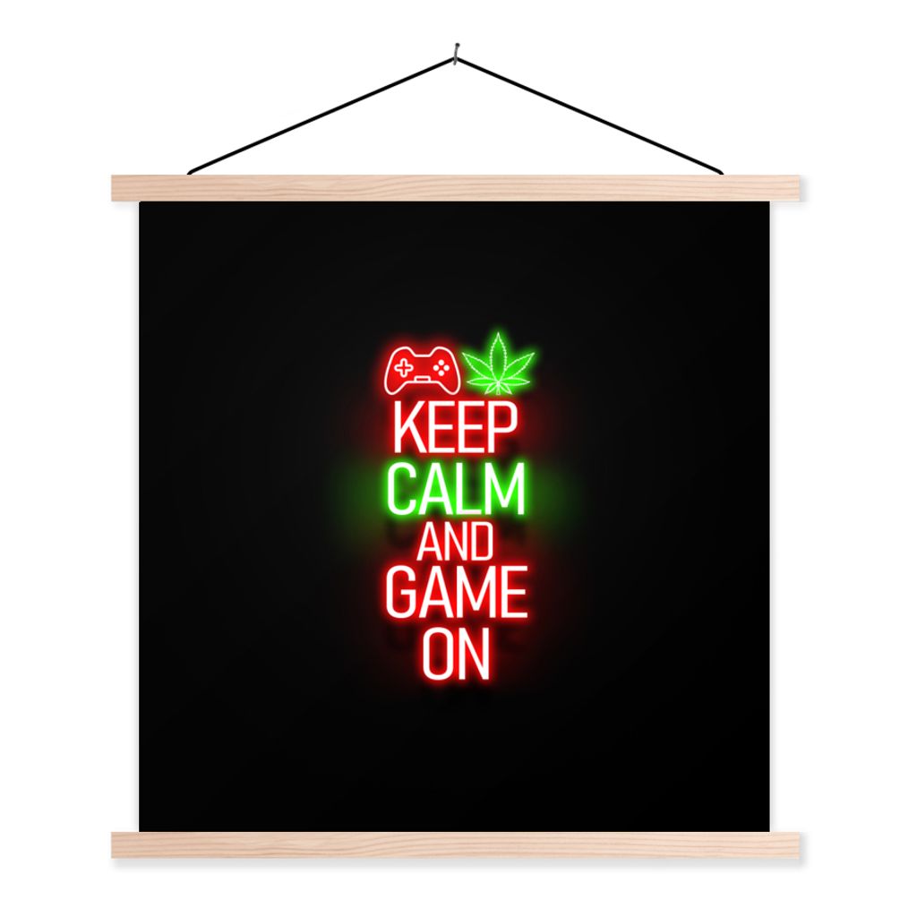 MuchoWow Textilposter Gaming - Neon - Ruhe bewahren und weiterspielen - Rot - Text 40x40 cm mit holzfarbenen Rahmen - Posterleiste
