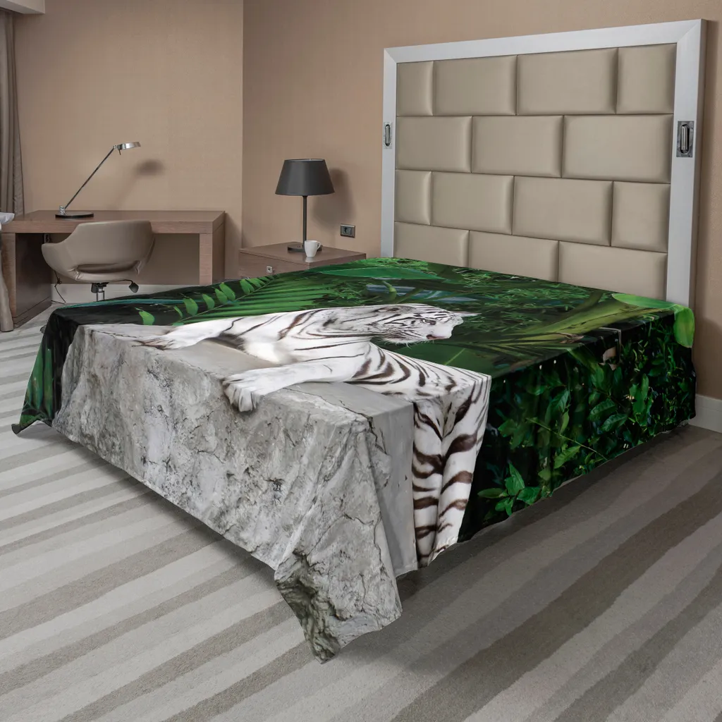 Drap de Lit Doux Anti-Peluches 260x228 cm Tigres Blancs Jungle Beige