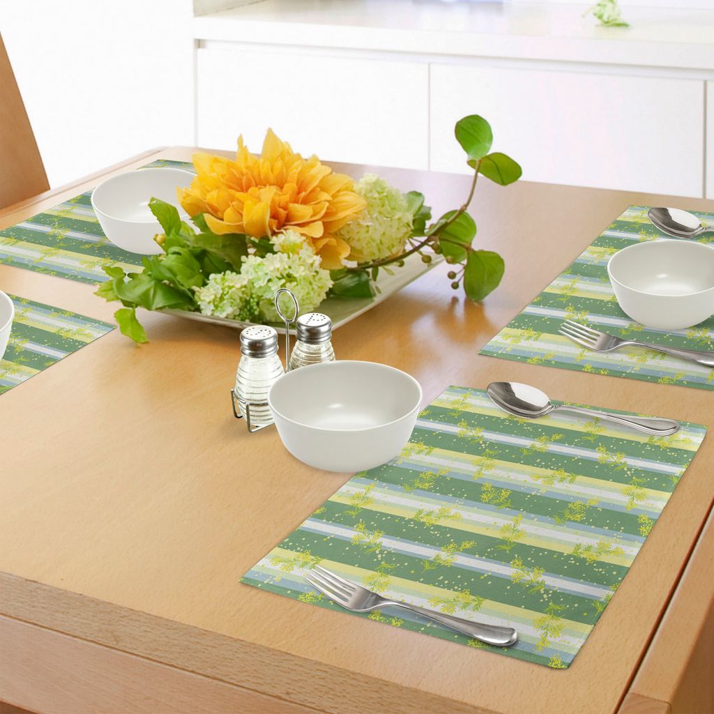 ABAKUHAUS Gestreift Platzmatten, Mimosa-Frühlings-Blumen-Blätter auf gestreifter hinterer März-Blüten-weiblicher Design-Kunst, Waschbarer und F...