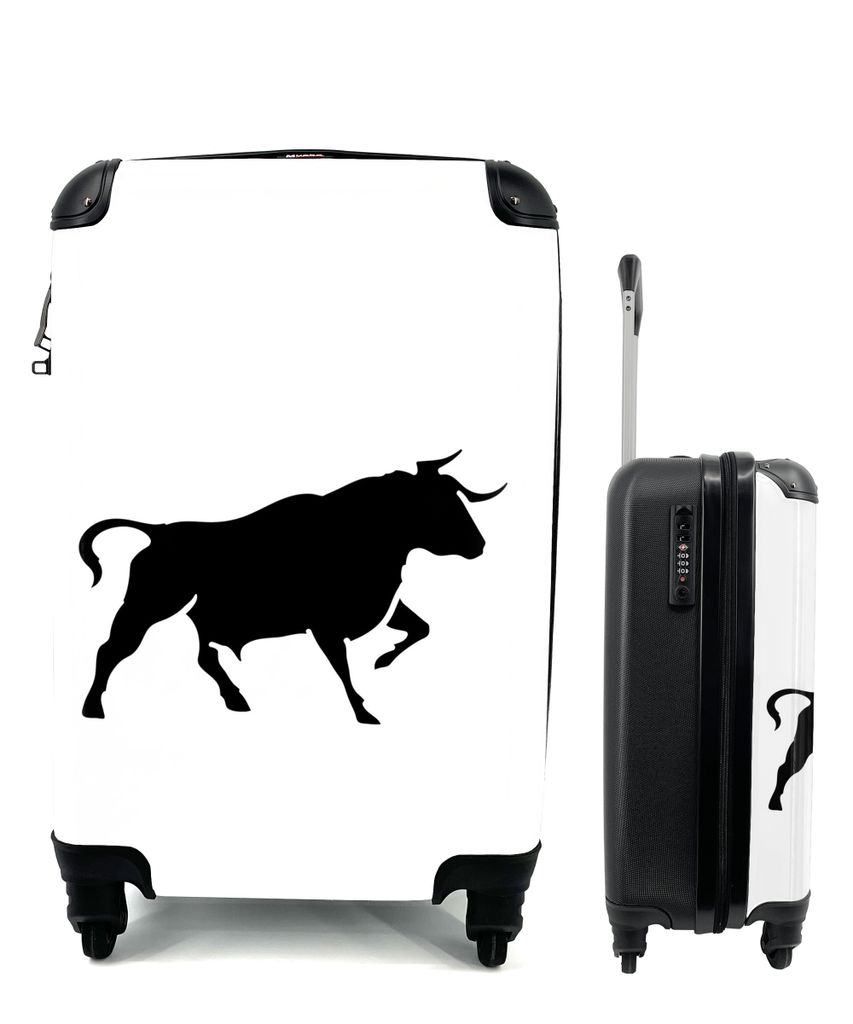 MuchoWow Koffer Handgepäck Trolley Rollkoffer Kleine Reisekoffer mit 4 Rollen - Schwarz-weiße Illustration eines Stiers - Cabin Size < 55x40x23...