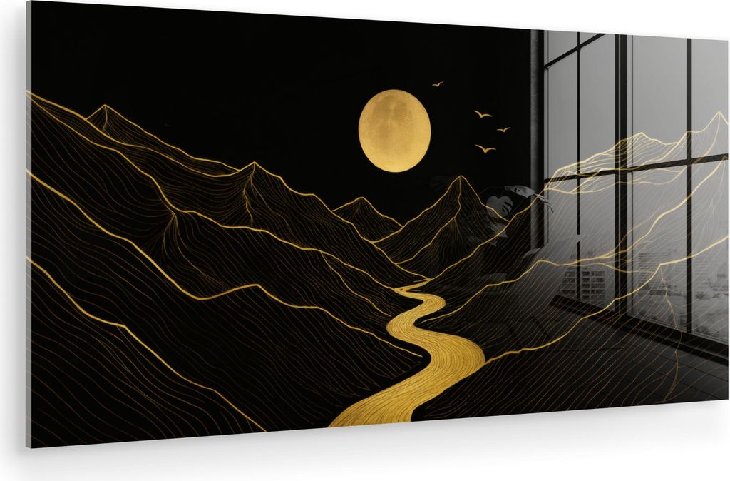 MuchoWow Glasbilder - Bilder auf Wandbild - Foto auf Glas Fluss - Gold - Mond - Vögel 80x40 cm Wanddekoration aus Glas - Acrylglasbild - Acrylbild...
